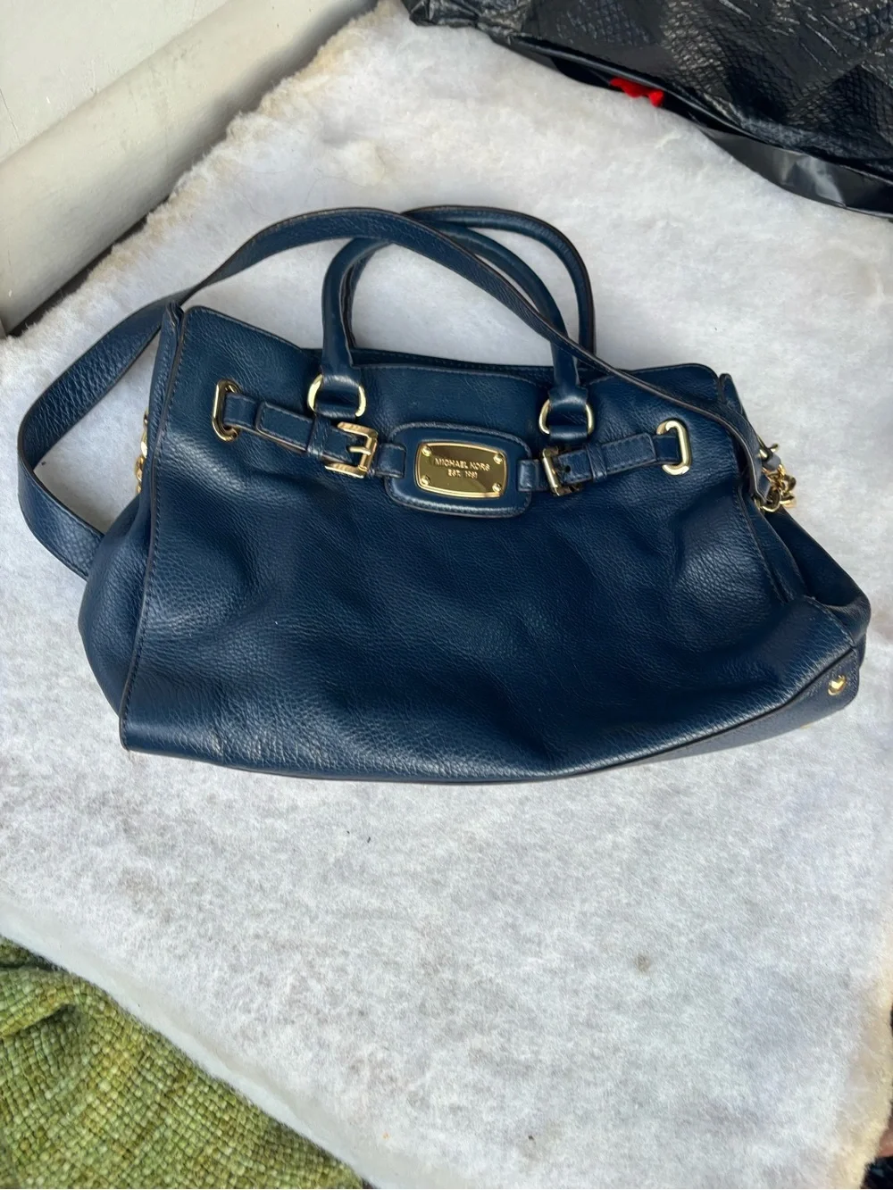 Michael Kors Dark Navy Pebbled Leather Satchel with Gold Hardware